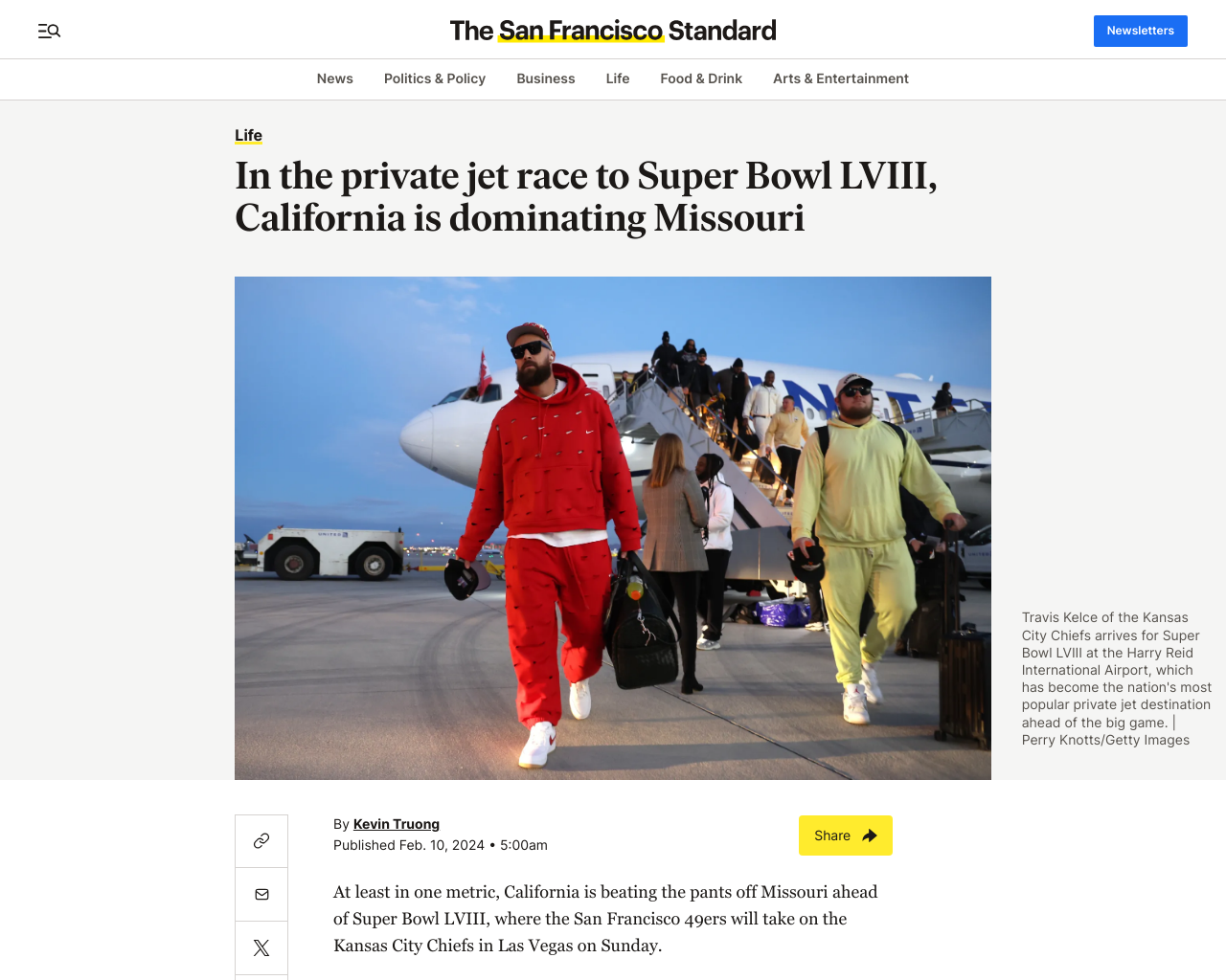SF Standard: In the private jet race to Super Bowl LVIII, California is dominating Missouri